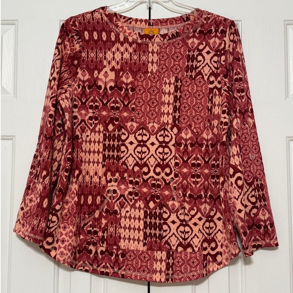 Ruby Rd. Ikat Print Pullover Top with Kangaroo Pocket, Shades of Pink, Size M